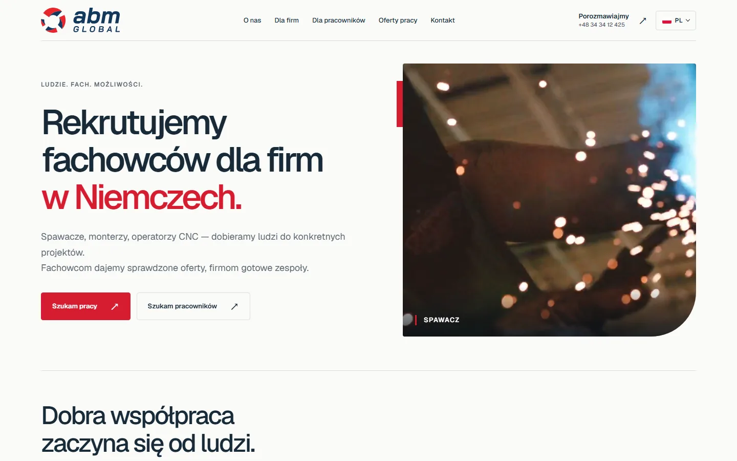 ABM Global - rekrutacja techniczna do Niemiec - pierwszy ekran strony internetowej w wersji na komputer