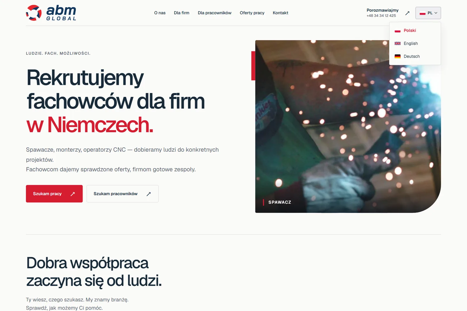 ABM Global - menu strony z rozwiniętym wyborem języka: polski, angielski, niemiecki