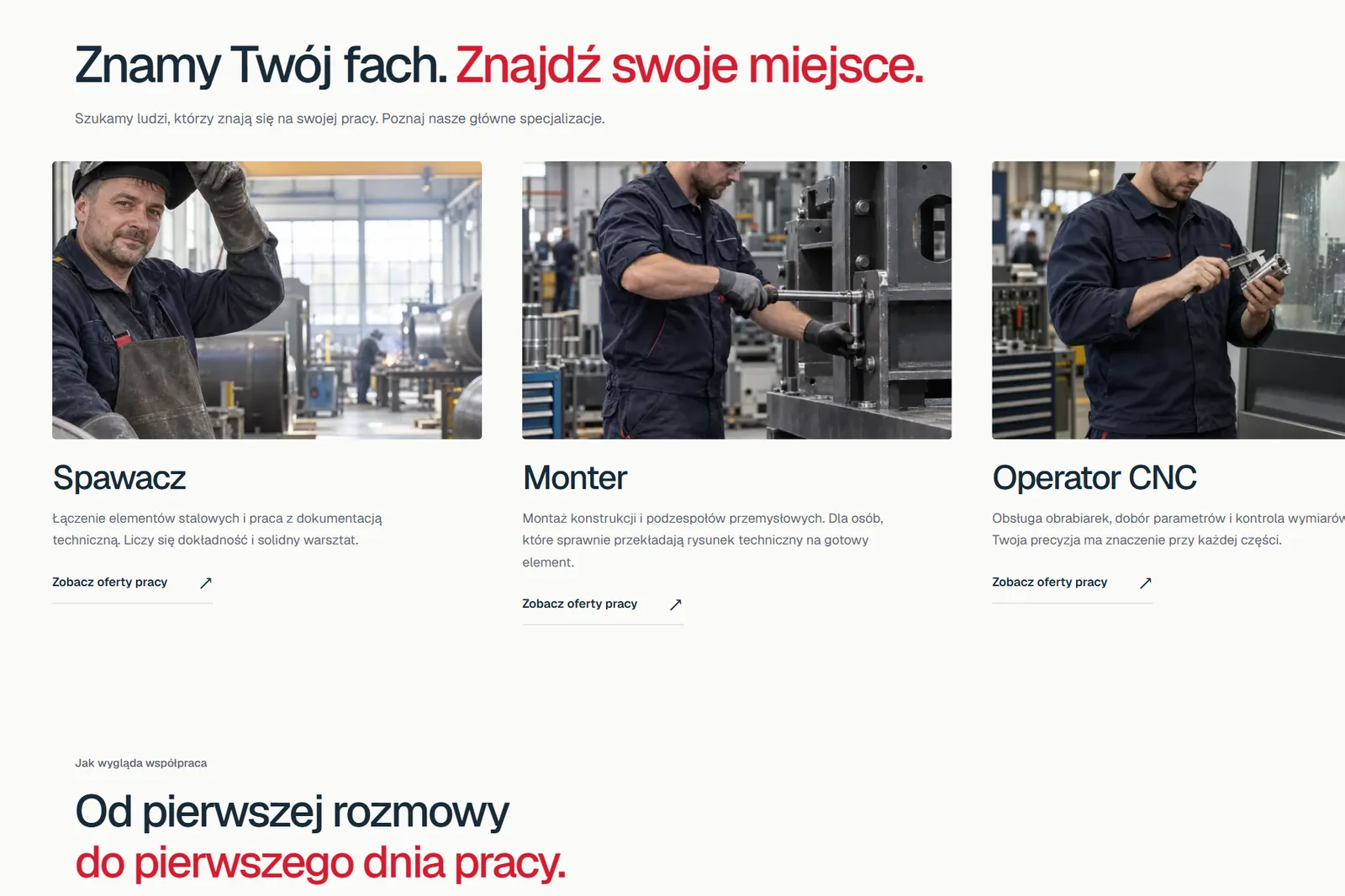 ABM Global - sekcja stanowisk: spawacz, monter, operator CNC ze zdjęciami i linkami do ofert