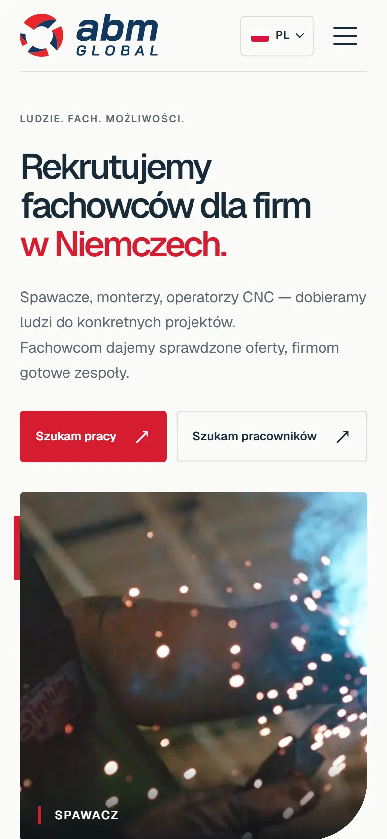 ABM Global - rekrutacja techniczna do Niemiec - widok strony na telefonie, ekran 1