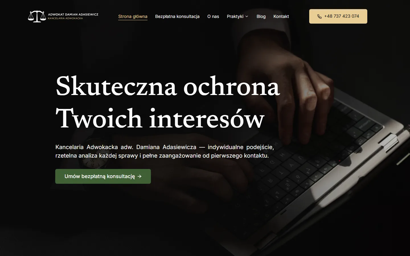 Kancelaria Adwokacka adw. Damiana Adasiewicza - pierwszy ekran strony internetowej w wersji na komputer