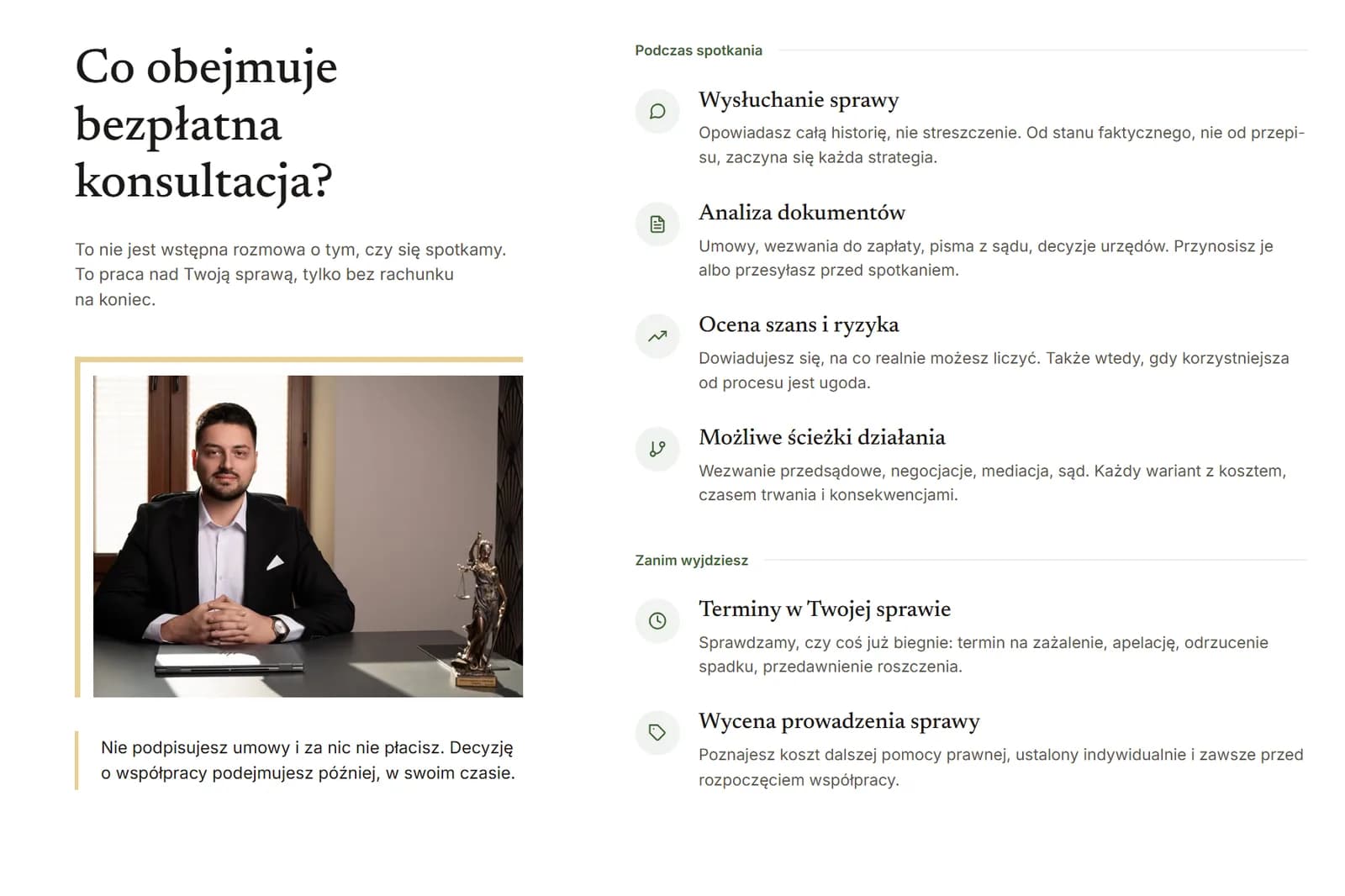 Kancelaria adw. Adasiewicza - podstrona bezpłatnej konsultacji: co obejmuje spotkanie, bez umowy i opłat
