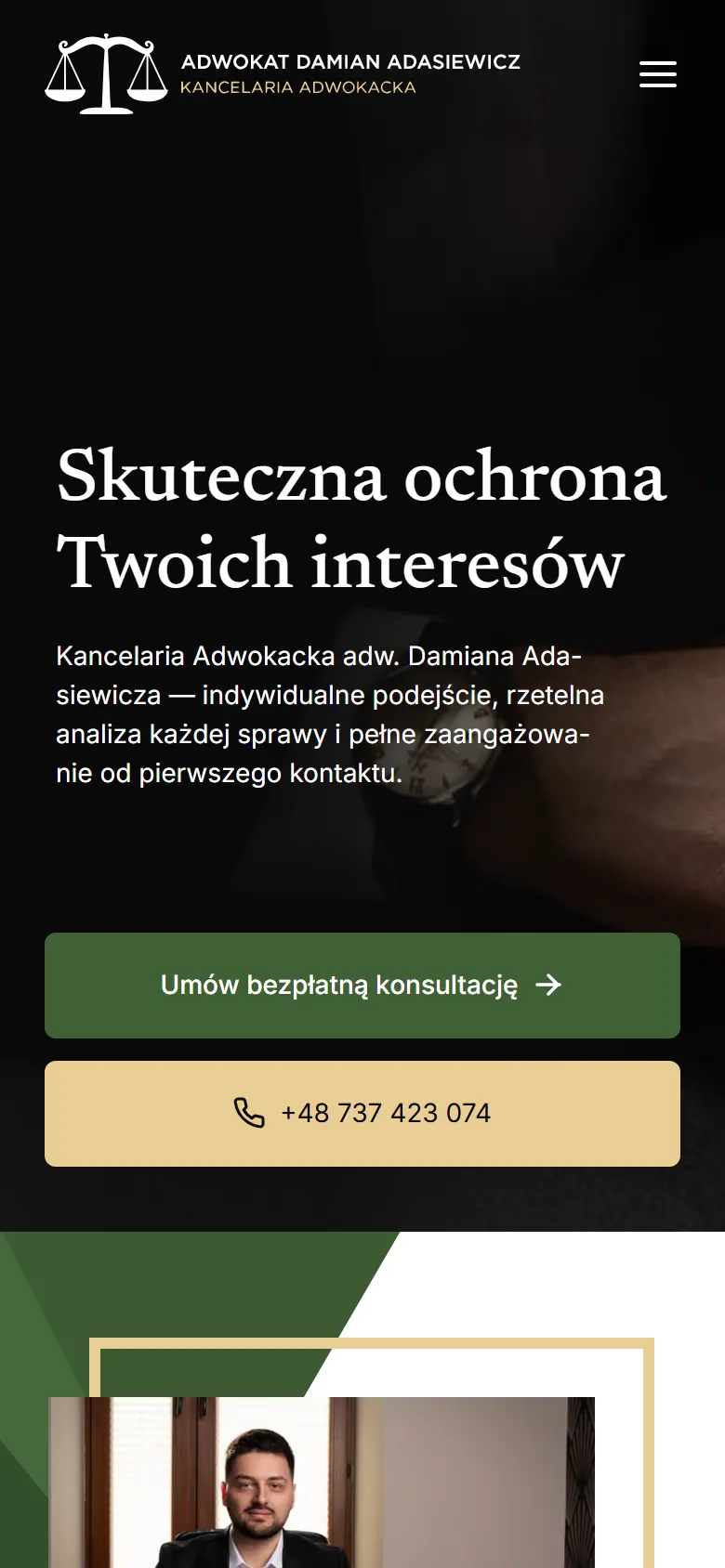 Kancelaria Adwokacka adw. Damiana Adasiewicza - widok strony na telefonie, ekran 1