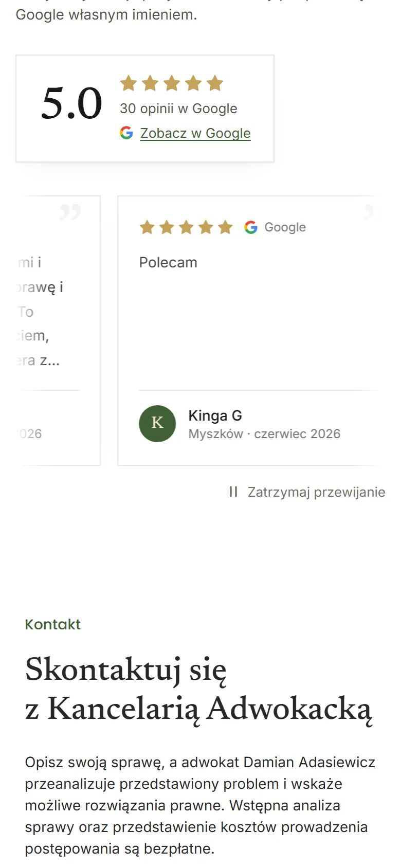 Kancelaria Adwokacka adw. Damiana Adasiewicza - widok strony na telefonie, ekran 3