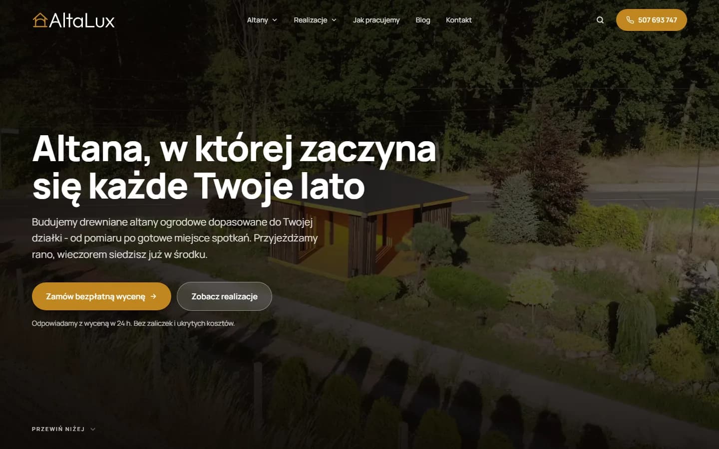 AltaLux - altany drewniane - pierwszy ekran strony internetowej w wersji na komputer