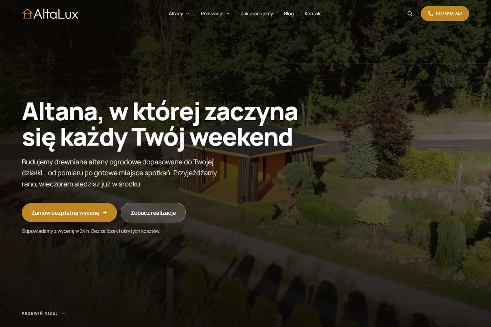 AltaLux - pierwszy ekran strony: duży nagłówek o altanach, przycisk bezpłatnej wyceny i telefon w menu