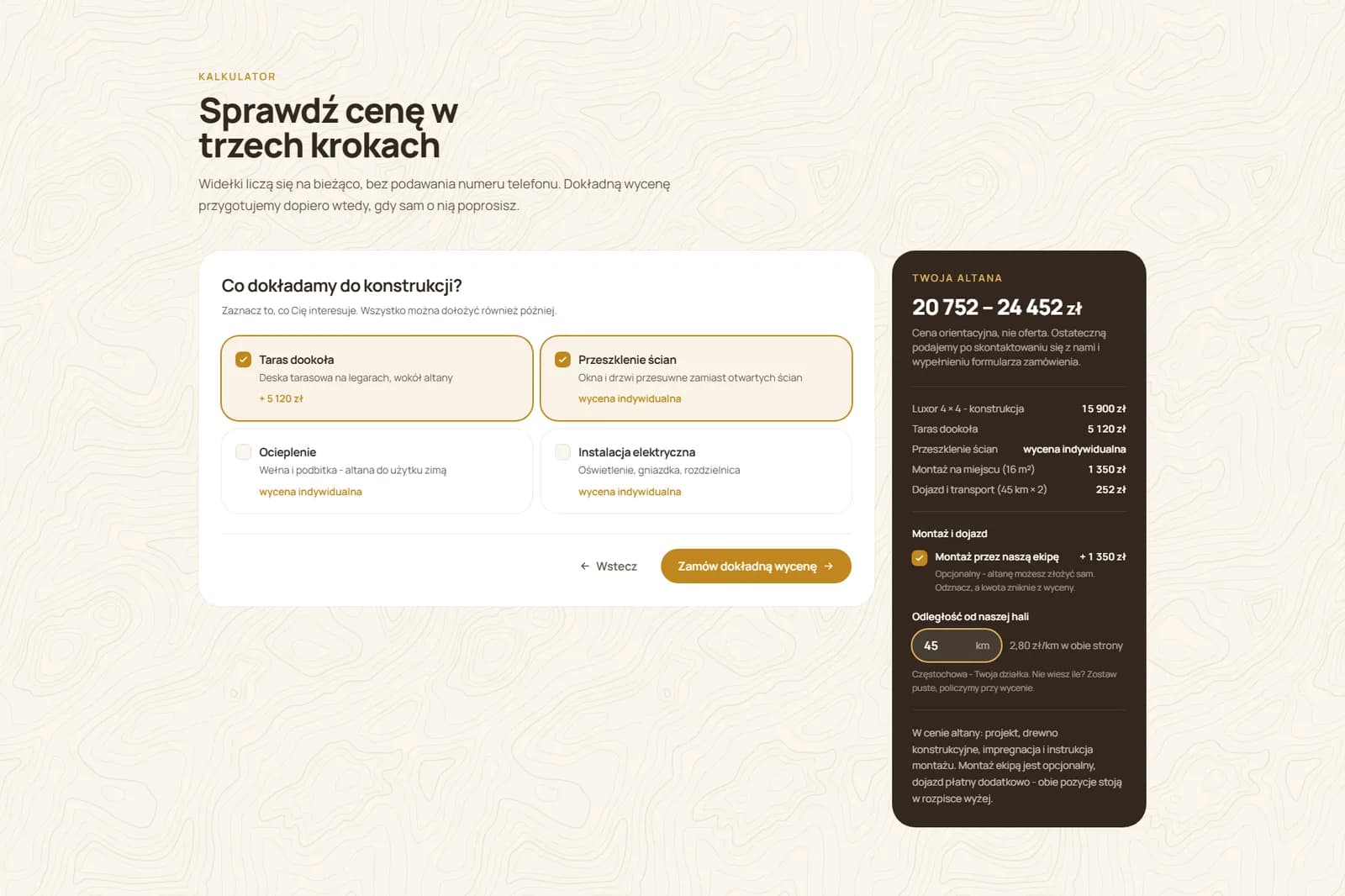 AltaLux - kalkulator altany: wybrane dodatki i panel z widełkami ceny, montażem i dojazdem