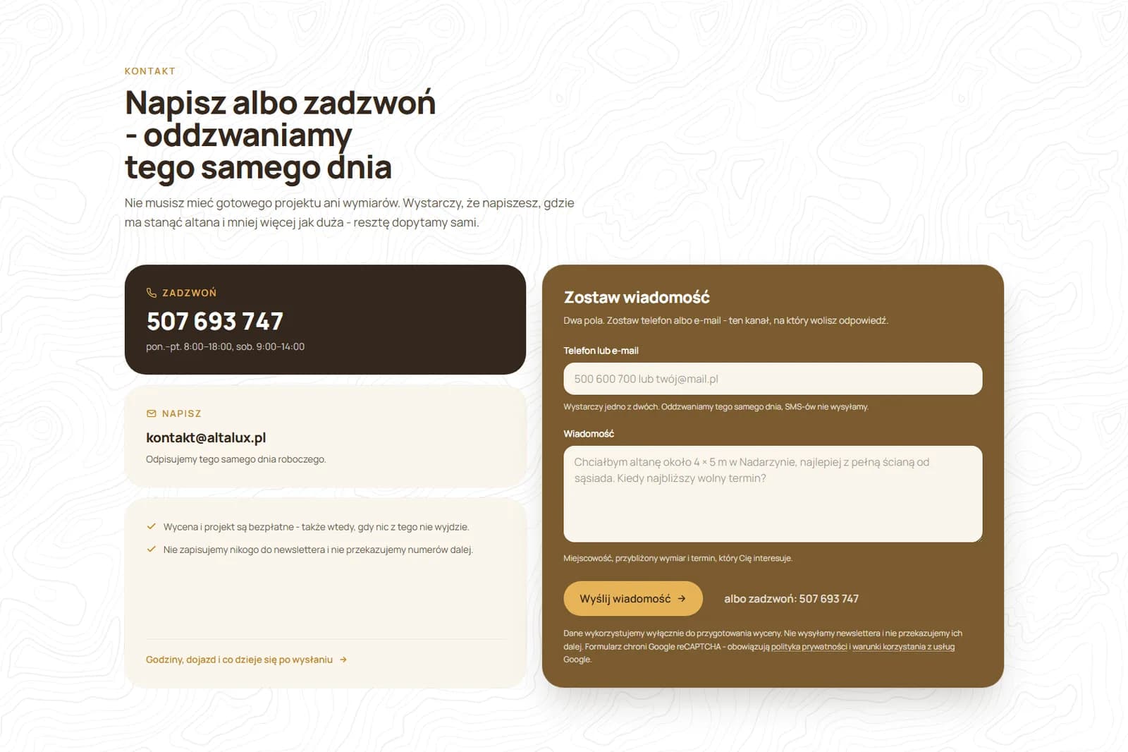AltaLux - sekcja kontaktu: duży numer telefonu, e-mail i formularz z dwoma polami