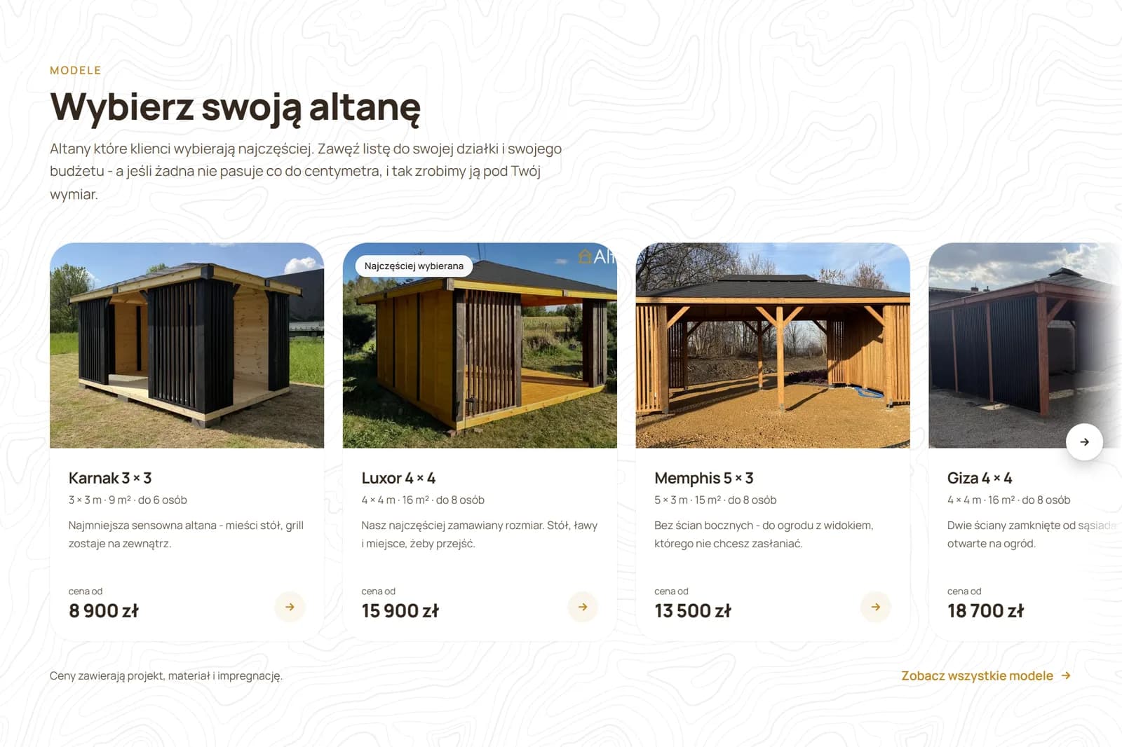 AltaLux - sekcja modeli altan: karty z wymiarem, metrażem, liczbą osób i ceną od