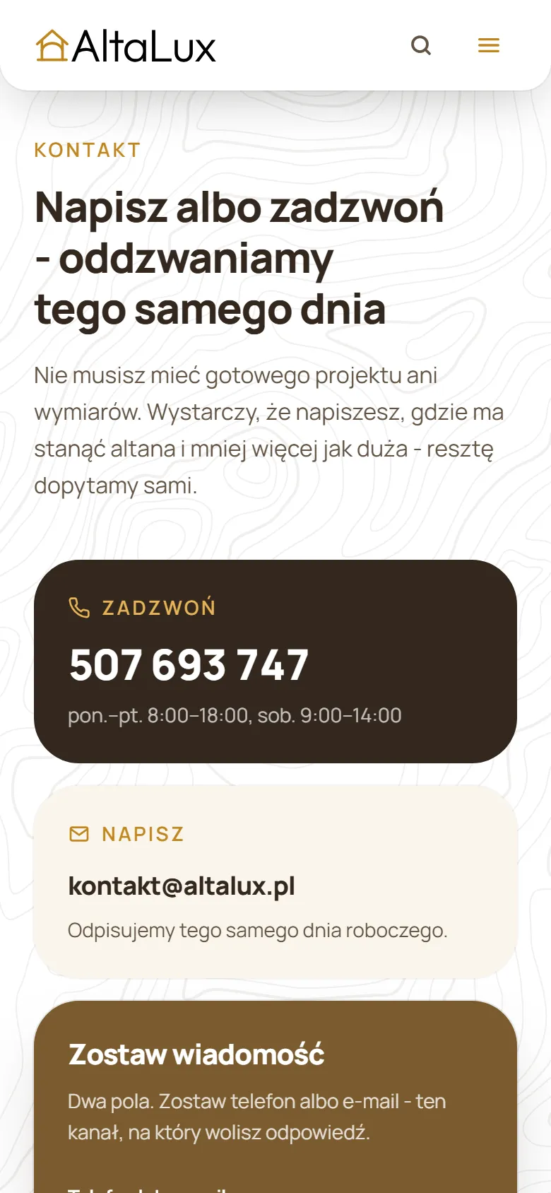 AltaLux - altany drewniane - widok strony na telefonie, ekran 4