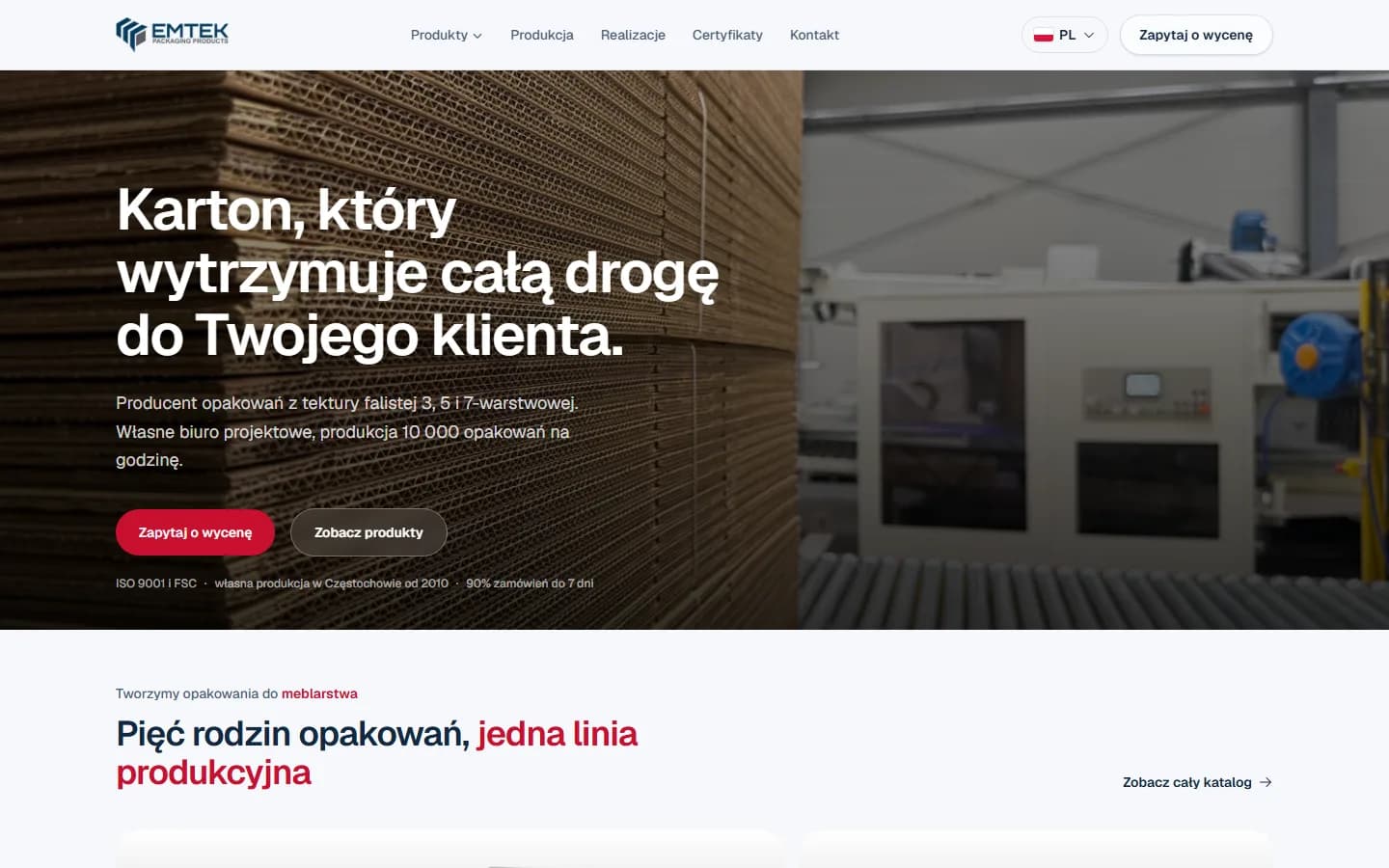Emtek - producent opakowań kartonowych - pierwszy ekran strony internetowej w wersji na komputer