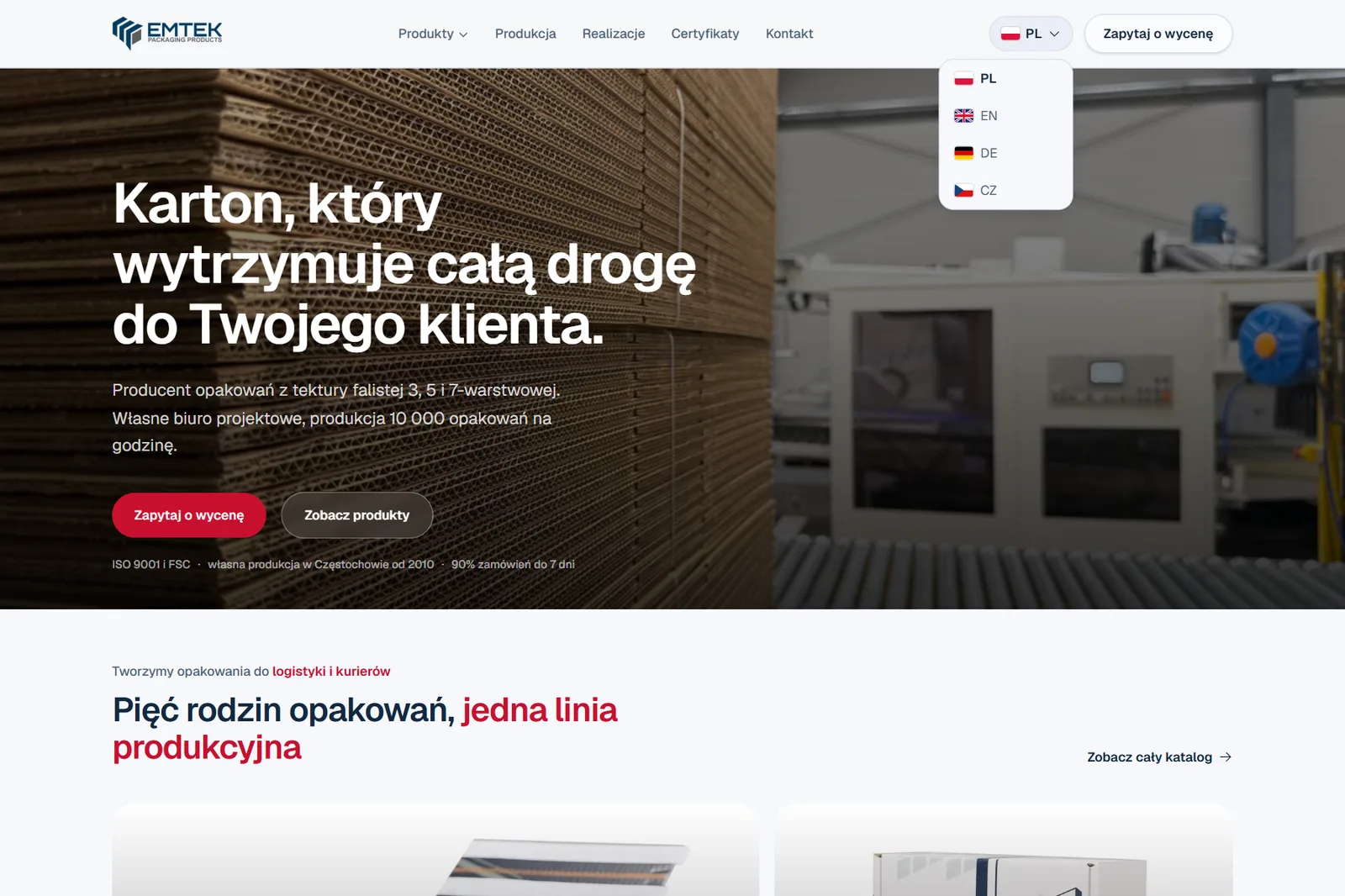 Emtek - menu strony z rozwiniętym wyborem języka: polski, angielski, niemiecki, czeski
