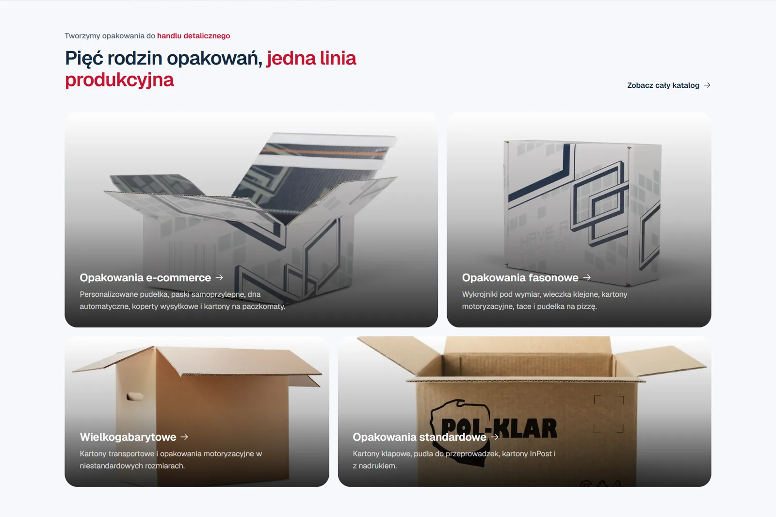 Emtek - sekcja rodzin opakowań: kartony e-commerce, fasonowe, wielkogabarytowe i standardowe