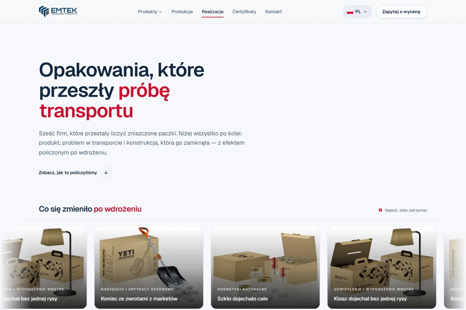 Emtek - podstrona realizacji: opakowania, które przeszły próbę transportu, z efektem po wdrożeniu