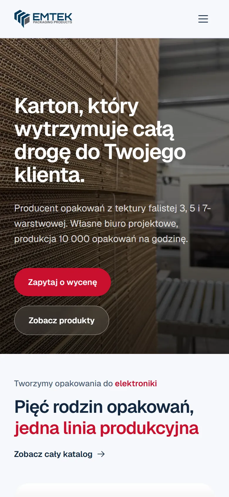 Emtek - producent opakowań kartonowych - widok strony na telefonie, ekran 1