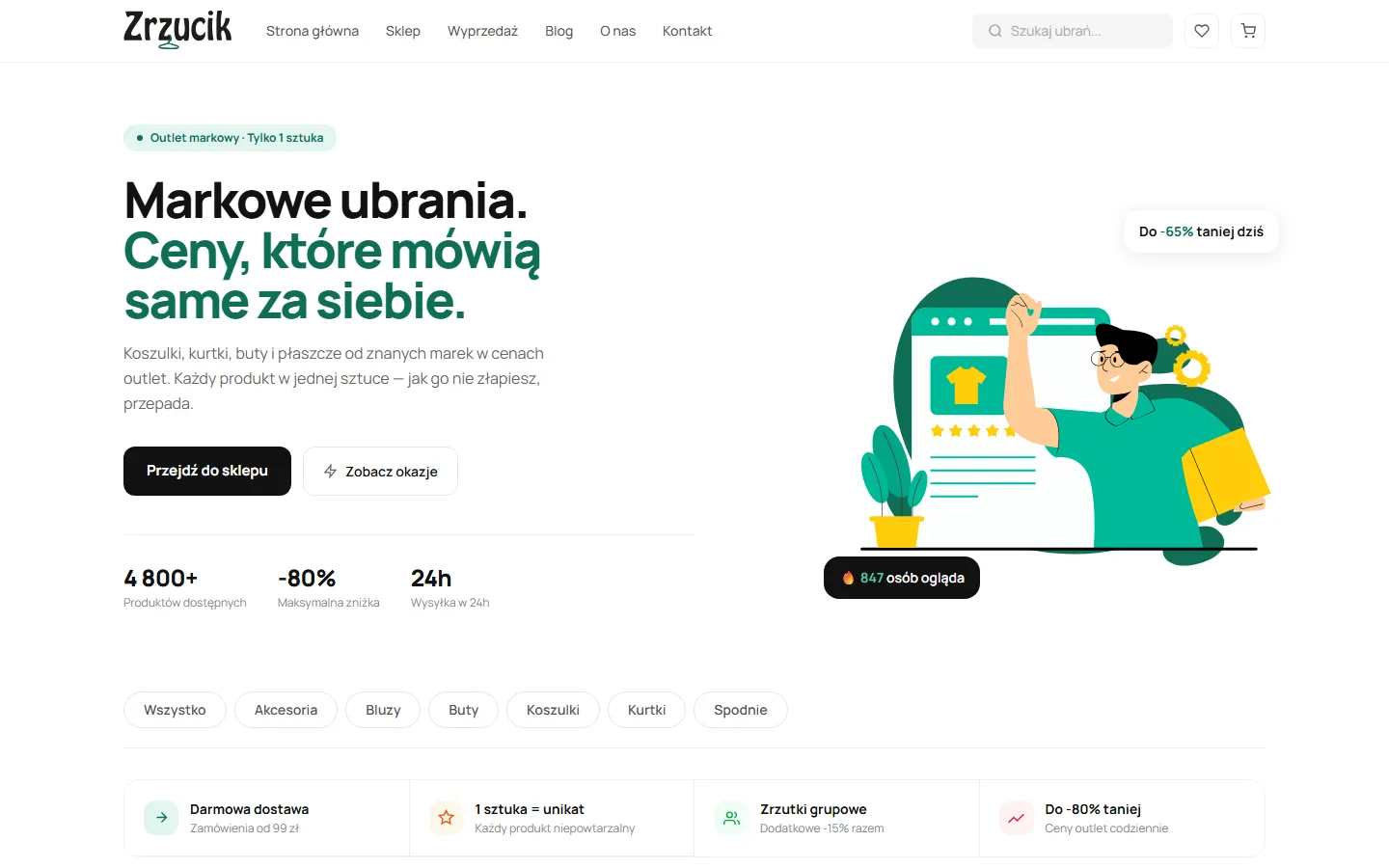 Zrzucik - markowy outlet odzieżowy - pierwszy ekran strony internetowej w wersji na komputer