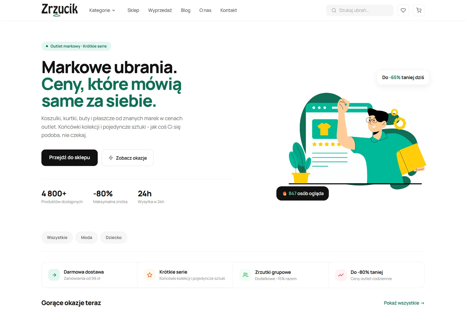 Zrzucik - pierwszy ekran: markowe ubrania, 4800+ produktów, do -80%, wysyłka w 24 h
