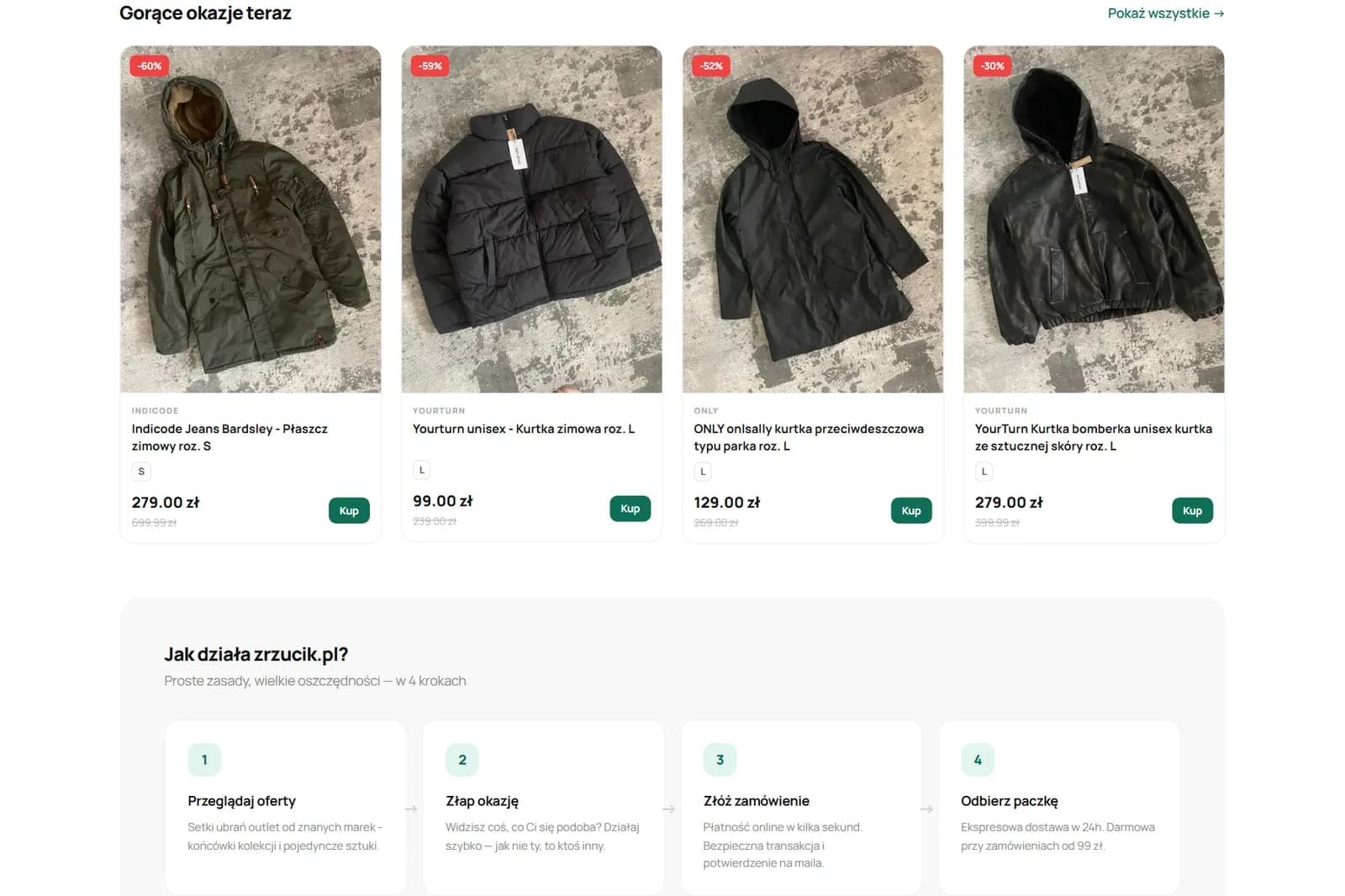Zrzucik - gorące okazje: karty produktów ze zniżką, ceną przed i po obniżce i przyciskiem Kup