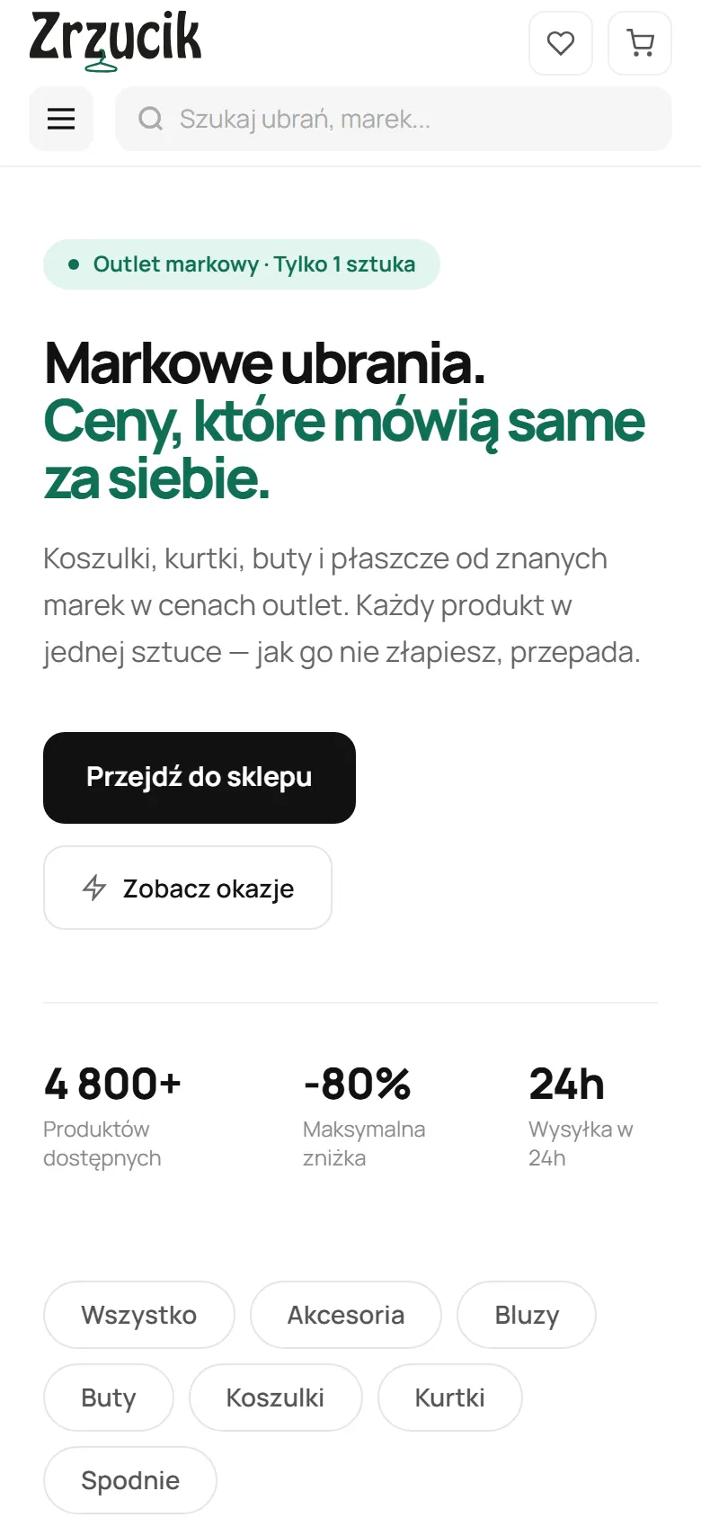 Zrzucik - markowy outlet odzieżowy - widok strony na telefonie, ekran 1